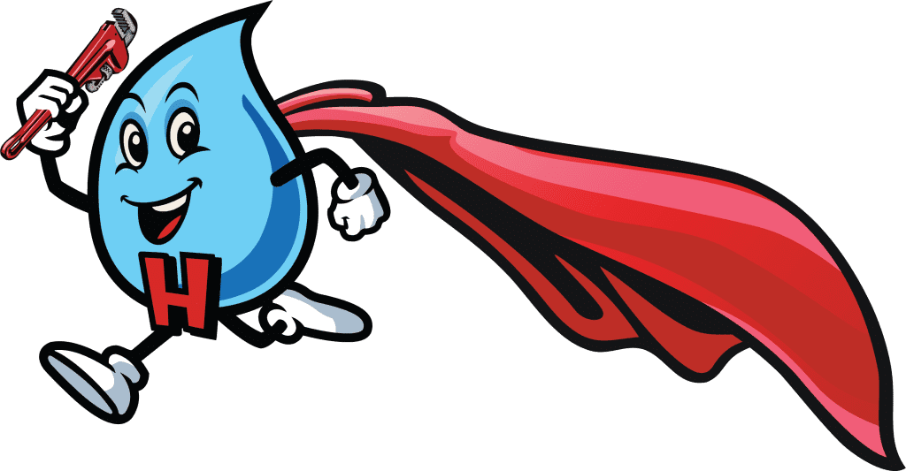 A graphic illustration of a happy blue water drop mascot wearing a red cape and running, with the letter 'H' on its chest, against a black background.